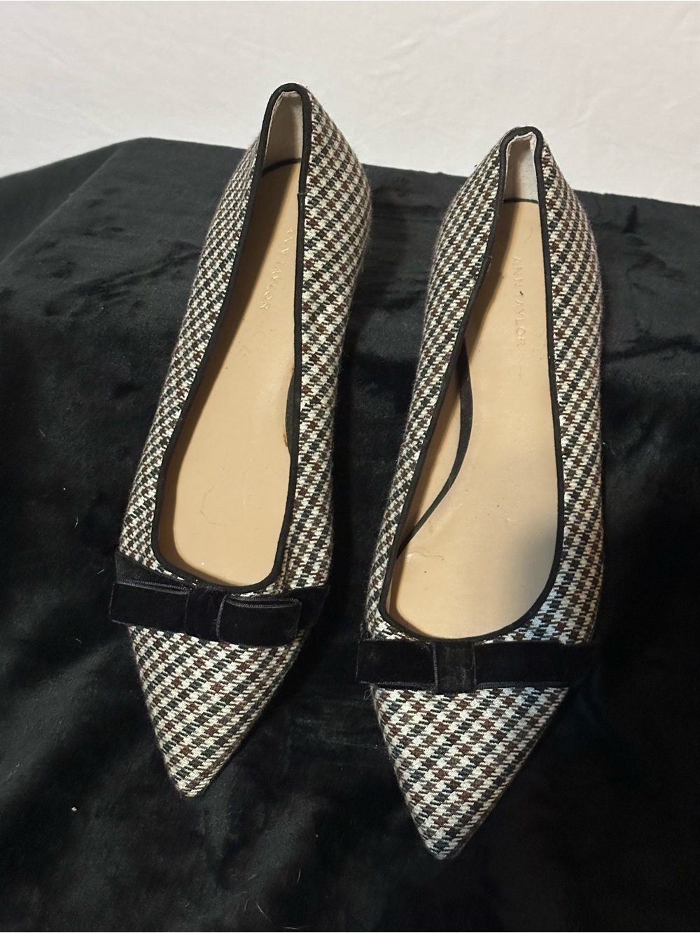 Ann Taylor Black and White Houndstooth Pointed Toe Flats with Velvet Bow